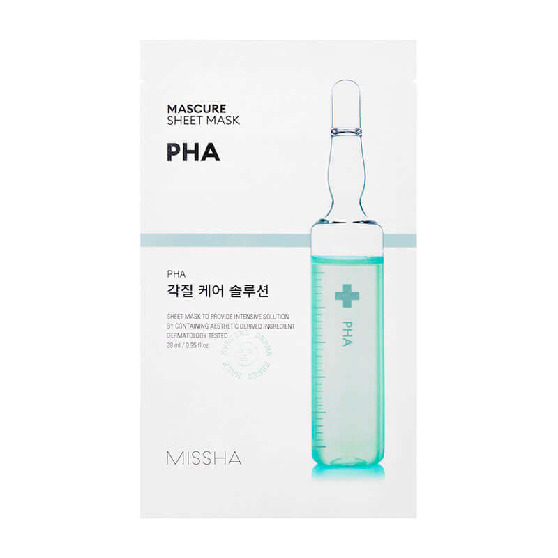 MISSHA Mascure PHA peeling sheet mask by Lakinza, showing a 27ml mask sheet with soothing and exfoliating ingredients.