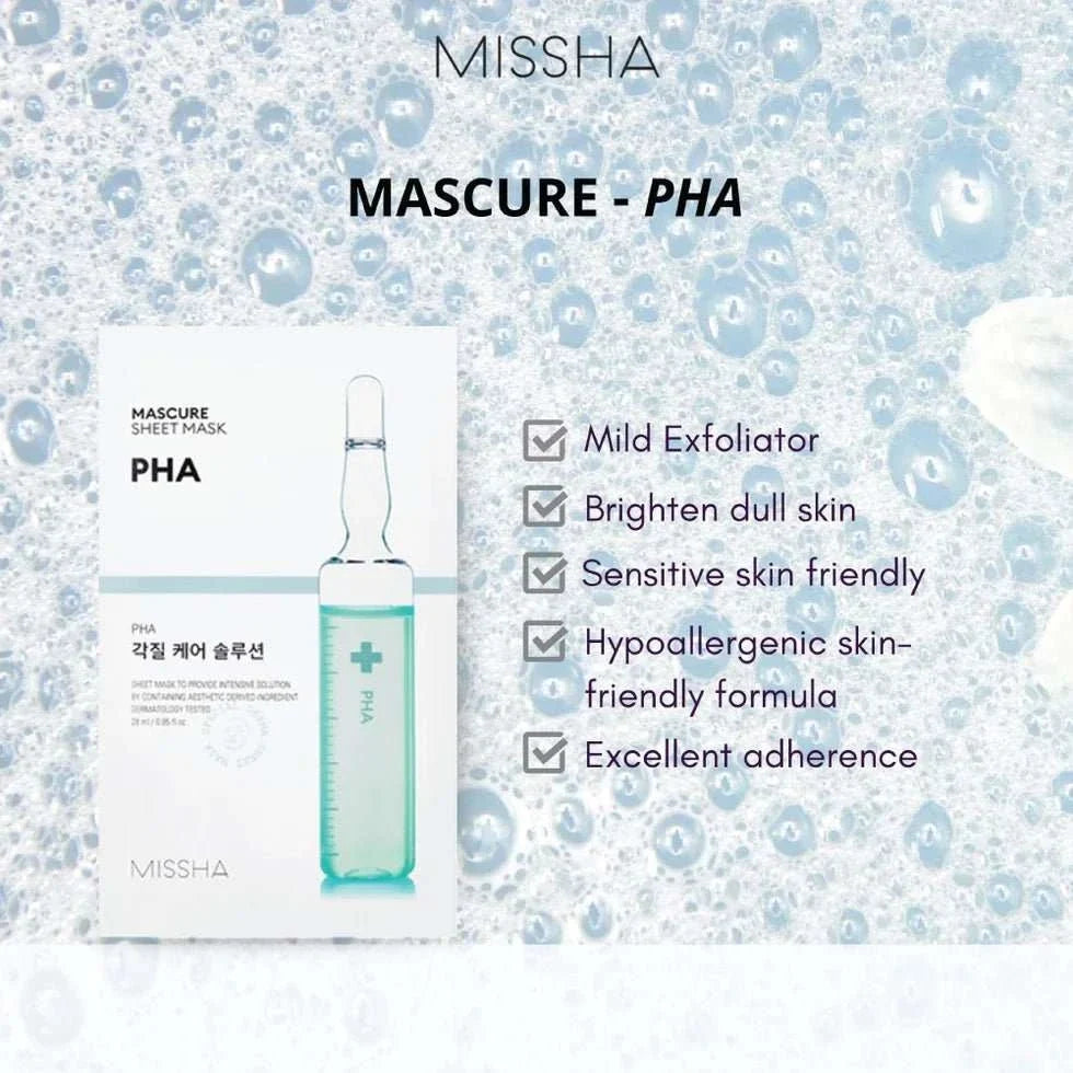 MISSHA Mascure PHA Peeling Solution Sheet Mask by Lakinza K-beauty, 27ml facial mask with exfoliating properties.