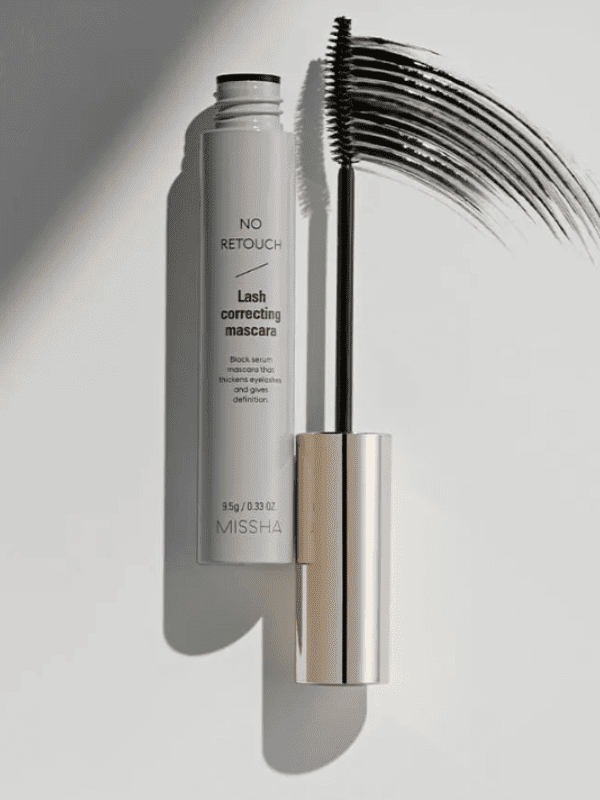Missha No Retouch Lash Correcting Mascara 9.5g, eye makeup product by Lakinza K-beauty with a brush applicator and sleek packaging