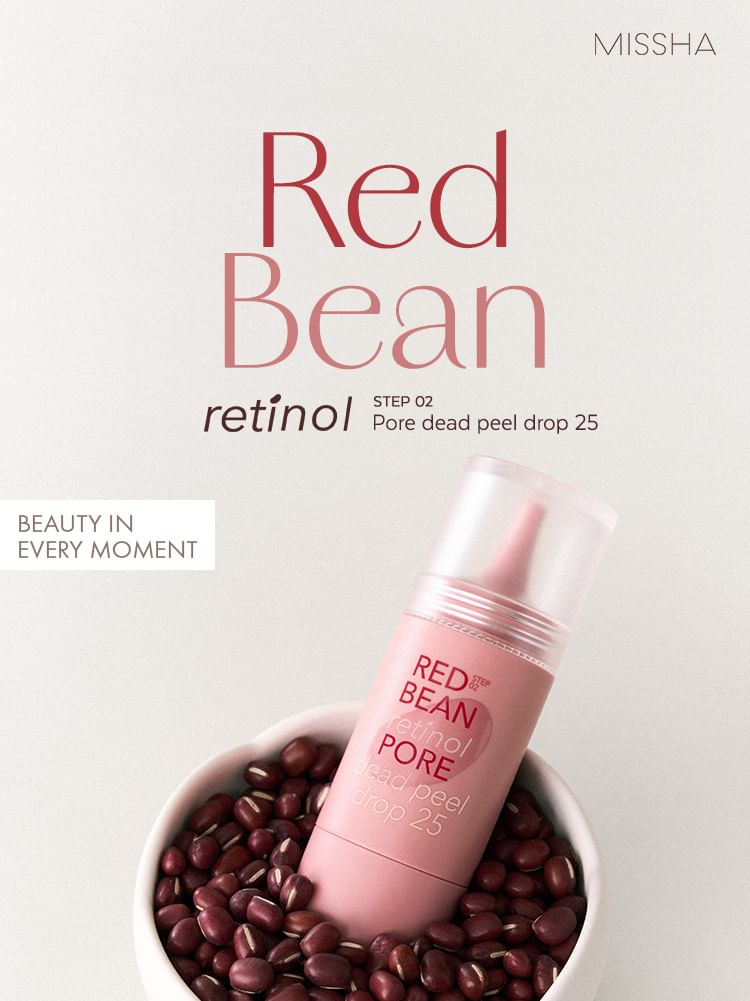 MISSHA Red Bean Retinol Pore Dead Peel Drop serum from Lakinza K-beauty, showing the 15g bottle with red bean design.
