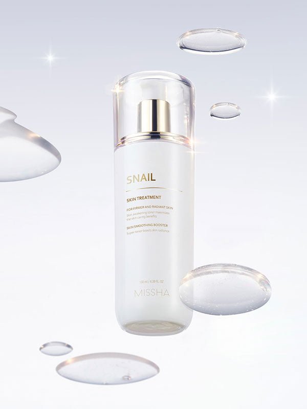 MISSHA Snail Skin Treatment 130ml toner from Lakinza, featuring a clear bottle with a white cap and a label with snail imagery.