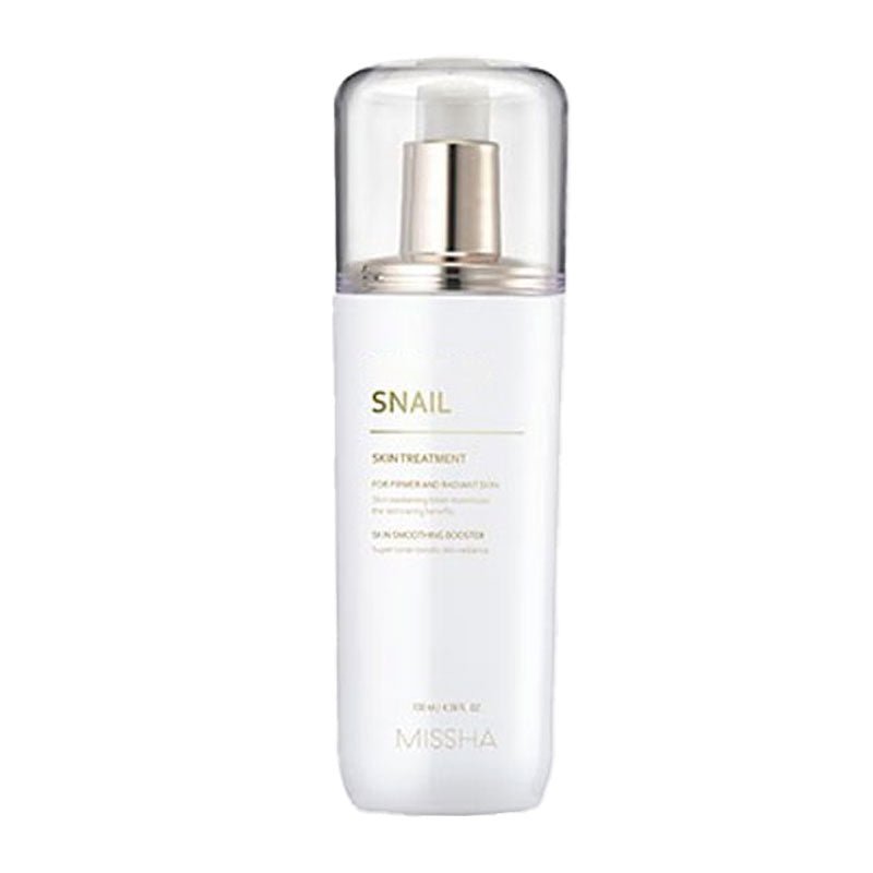 MISSHA Snail Skin Treatment toner in a 130ml bottle from Lakinza K-beauty, featuring a clear liquid with snail extract.