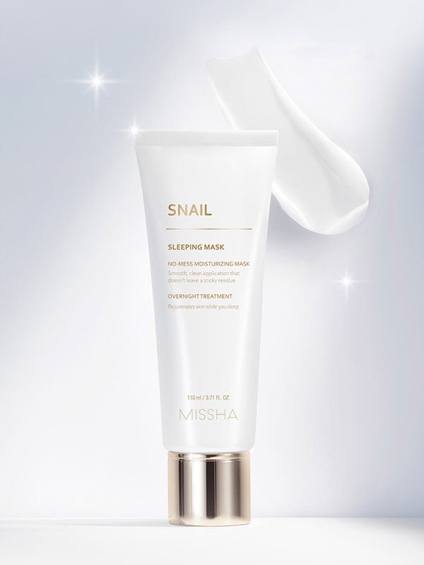MISSHA Snail Sleeping Mask 110ml in a jar, featuring sleek packaging and a smooth, creamy texture for Korean skincare.