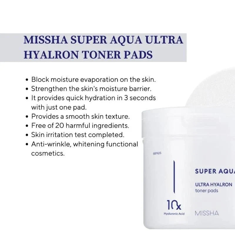 MISSHA Super Aqua Hyalron Toner Pads from Lakinza K-beauty, 90 soft pads soaked in hydrating toner for facial skincare