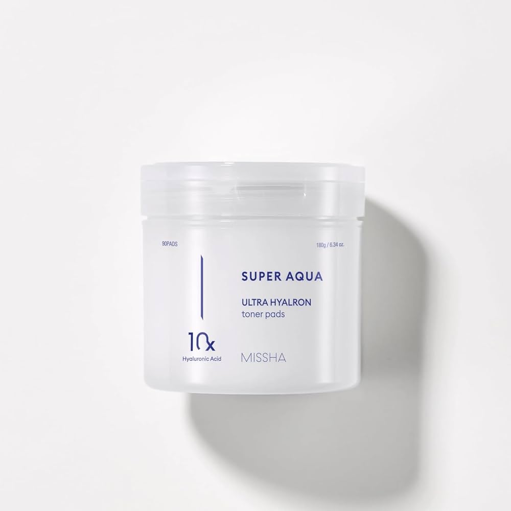 MISSHA Super Aqua Hyalron Toner Pads by Lakinza K-beauty, 90 soft cotton pads soaked in hydrating toner for skincare.