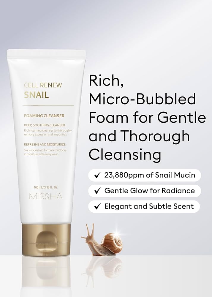 MISSHA Super Aqua Snail Cleansing Foam 100ml, gentle K-beauty facial cleanser with snail extract for hydrating skin.
