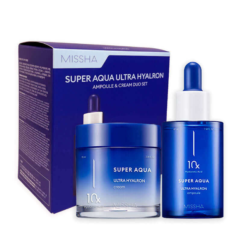 MISSHA Super Aqua Ultra Hyalron ampoule and cream duo set by Lakinza K-beauty, featuring hydrating skincare products in a gift set.