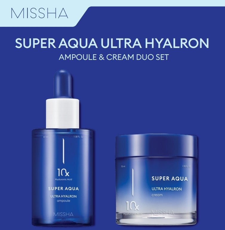 MISSHA Super Aqua Ultra Hyalron Ampoule and Cream Duo Set by Lakinza K-beauty, featuring hydrating skincare products in a gift set.
