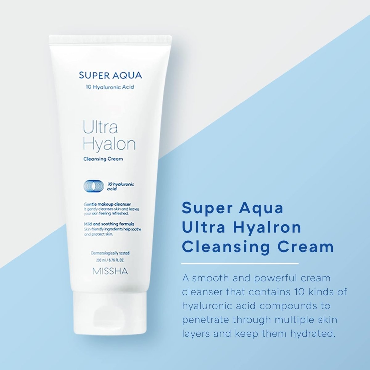 MISSHA Super Aqua Ultra Hyalron Cleansing Cream in a 200ml jar, featuring a smooth, hydrating K-beauty cleanser with blue and white packaging.
