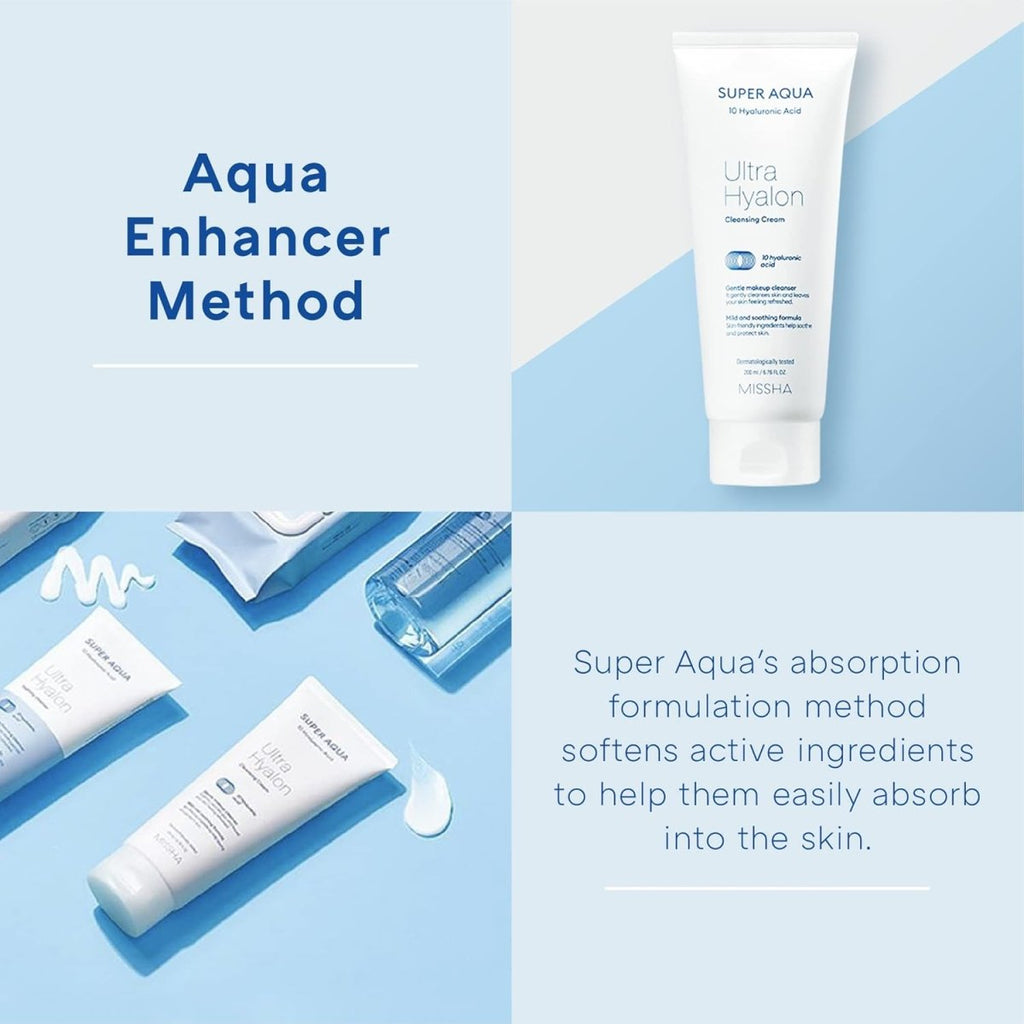 Missha Super Aqua Ultra Hyalron Cleansing Cream in 200ml jar, featuring a smooth, hydrating formula for gentle facial cleansing.