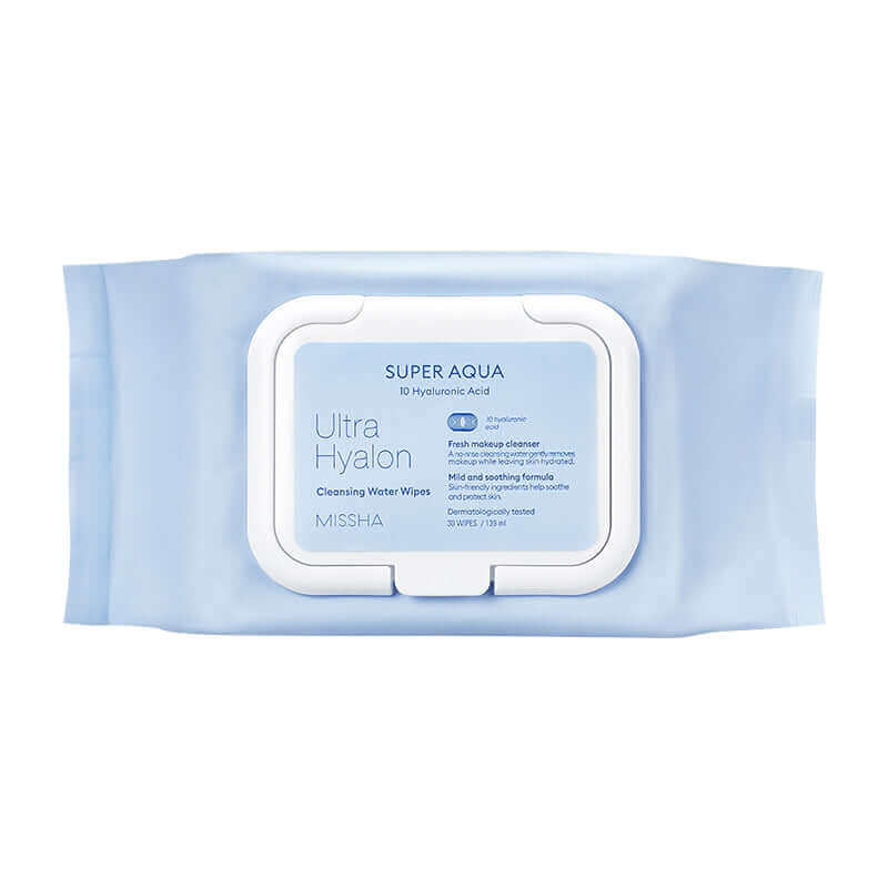 MISSHA Super Aqua Ultra Hyalron Cleansing Water Wipes, 30 sheets, gentle facial cleanser by Lakinza K-beauty for thorough skin cleaning