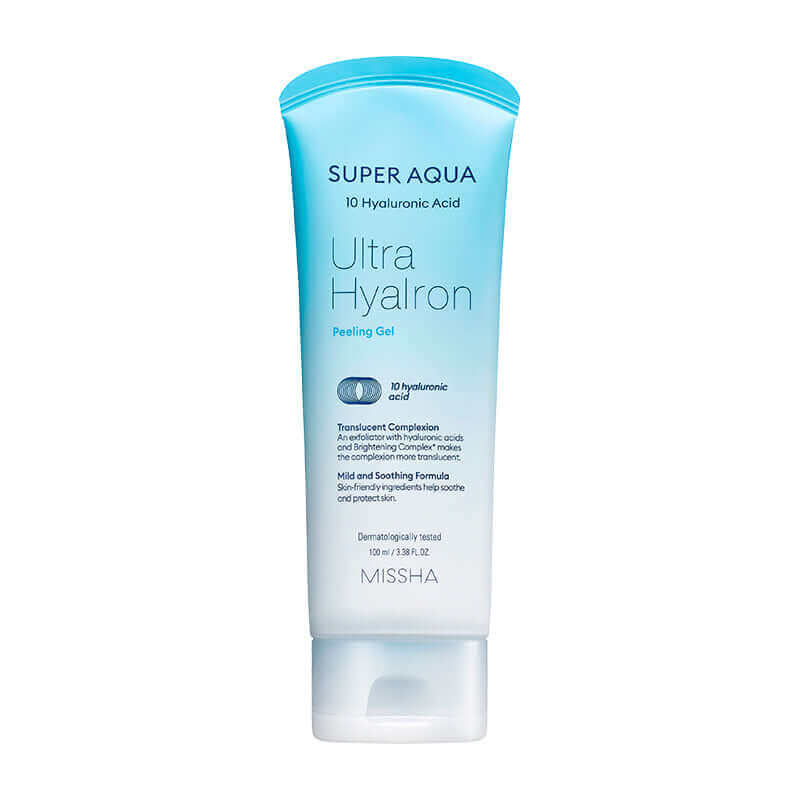 MISSHA Super Aqua Ultra Hyalron Peeling Gel in 100ml bottle, a gentle K-beauty facial cleanser with hydrating ingredients.