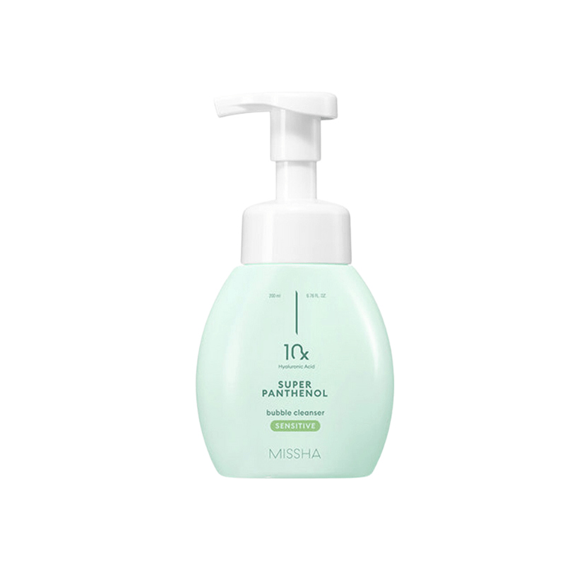 MISSHA Super Panthenol Bubble Cleanser 200ml for sensitive skin, featuring a foaming formula in a sleek bottle.