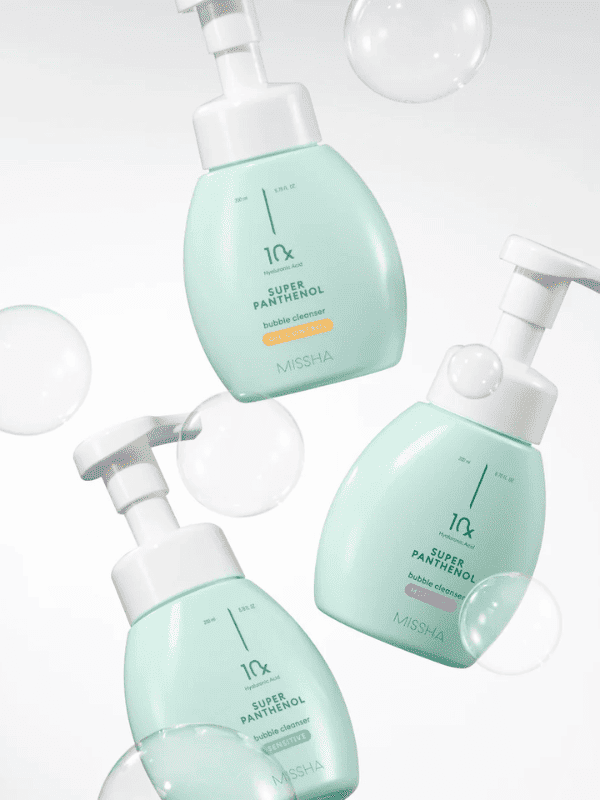 MISSHA Super Panthenol Bubble Cleanser 200ml for sensitive skin, featuring a foaming formula in a blue bottle.