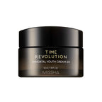 MISSHA Time Revolution Immortal Youth Cream 2X 50ml jar showing smooth cream texture in a sleek container.