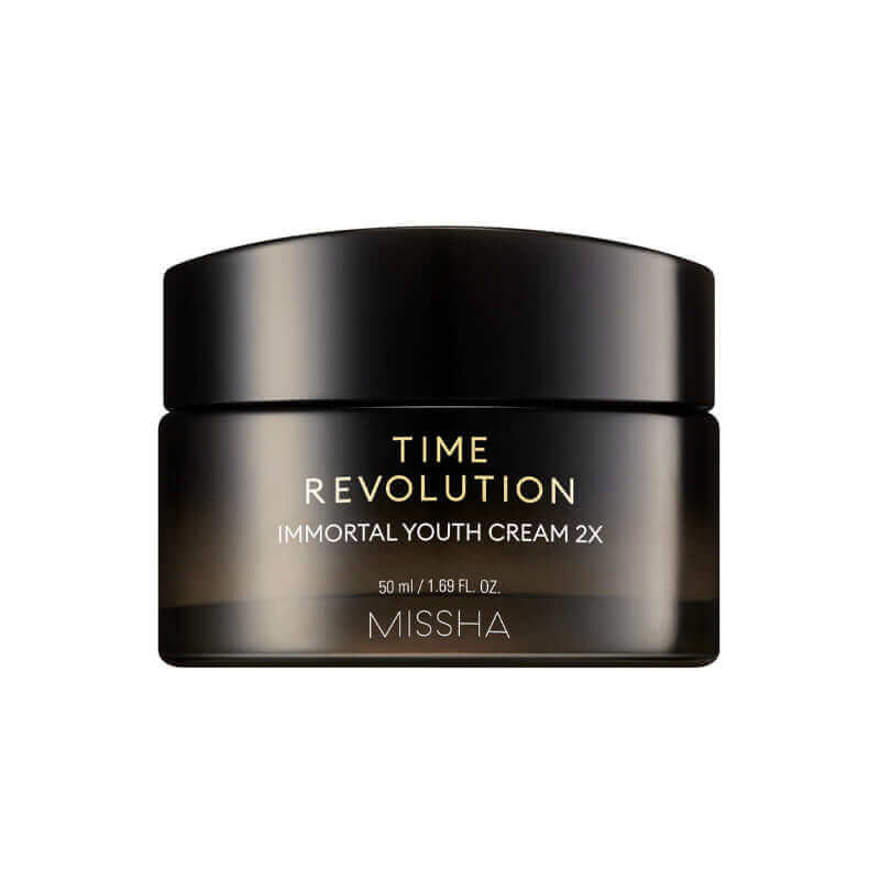 MISSHA Time Revolution Immortal Youth Cream 2X 50ml jar showing smooth cream texture in a sleek container.