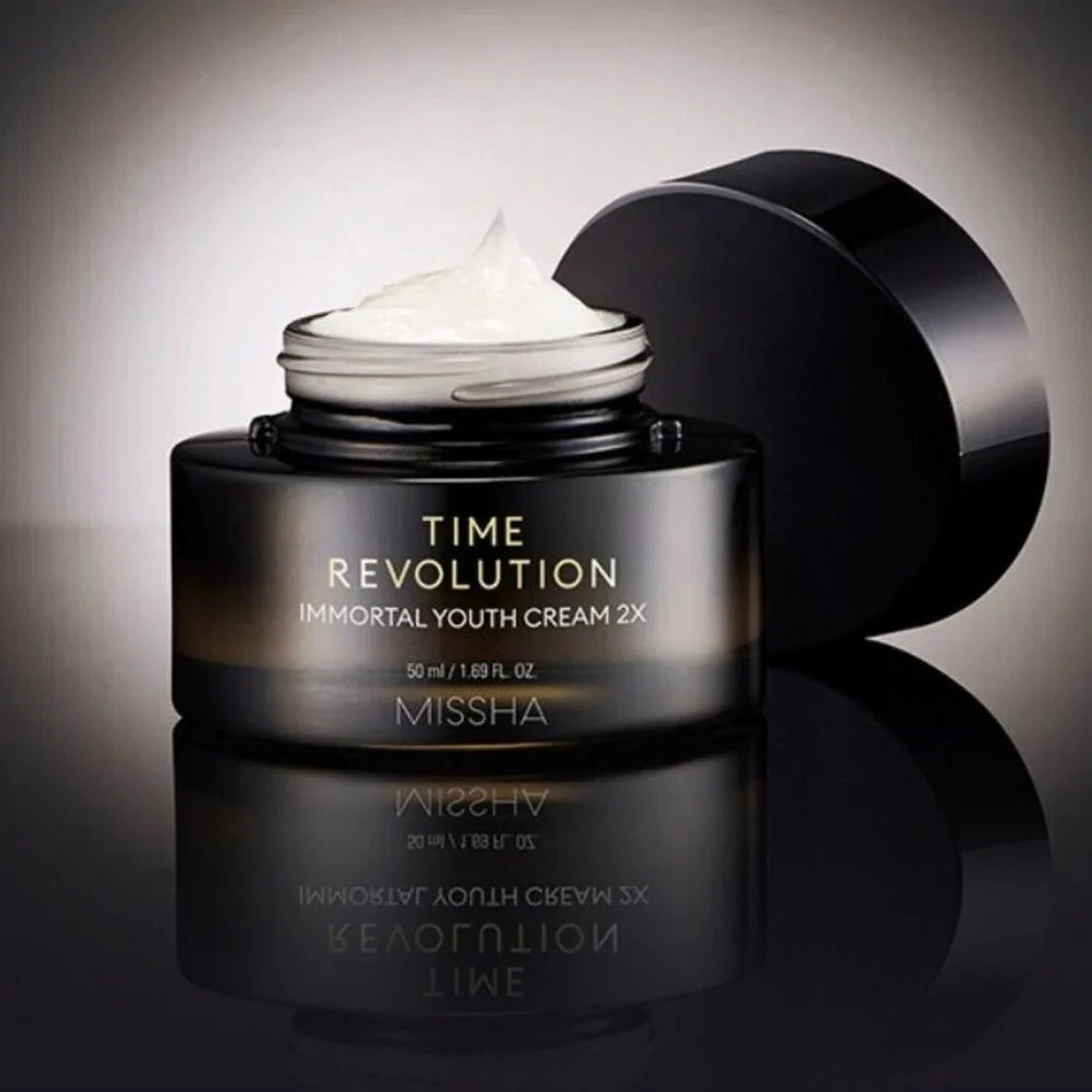 Missha Time Revolution Immortal Youth Cream 2X in a 50ml jar, featuring the Lakinza K-beauty branding and sleek packaging.