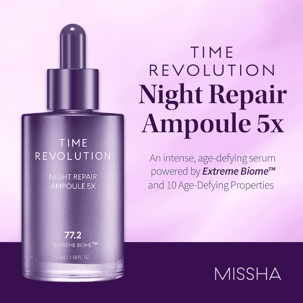 MISSHA Time Revolution Night Ampoule 5X in a 50ml bottle, featuring a sleek dark glass container with a pump top.