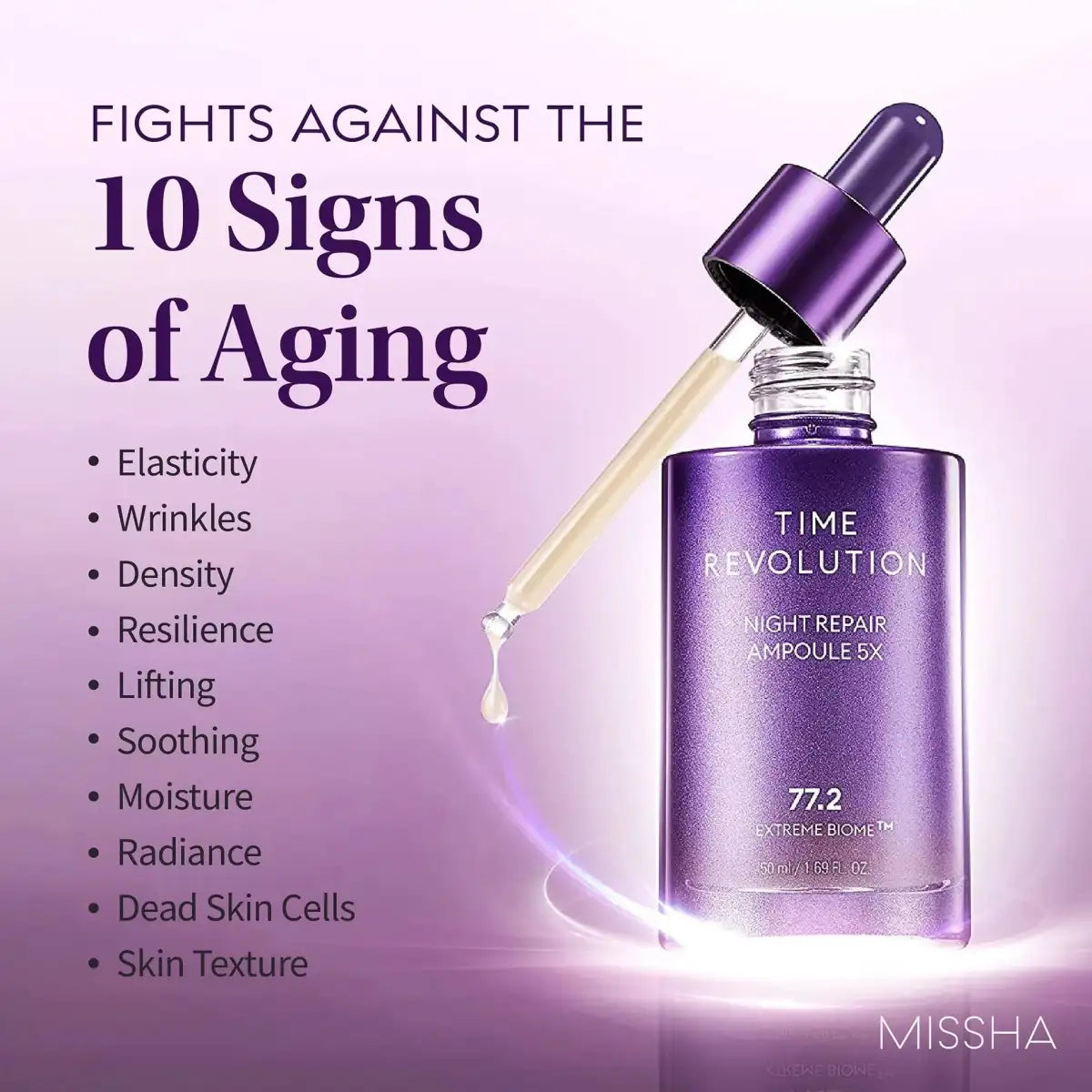 Missha Time Revolution Night Ampoule 5X in a 50ml bottle, featuring skincare ampoule from Lakinza K-beauty.