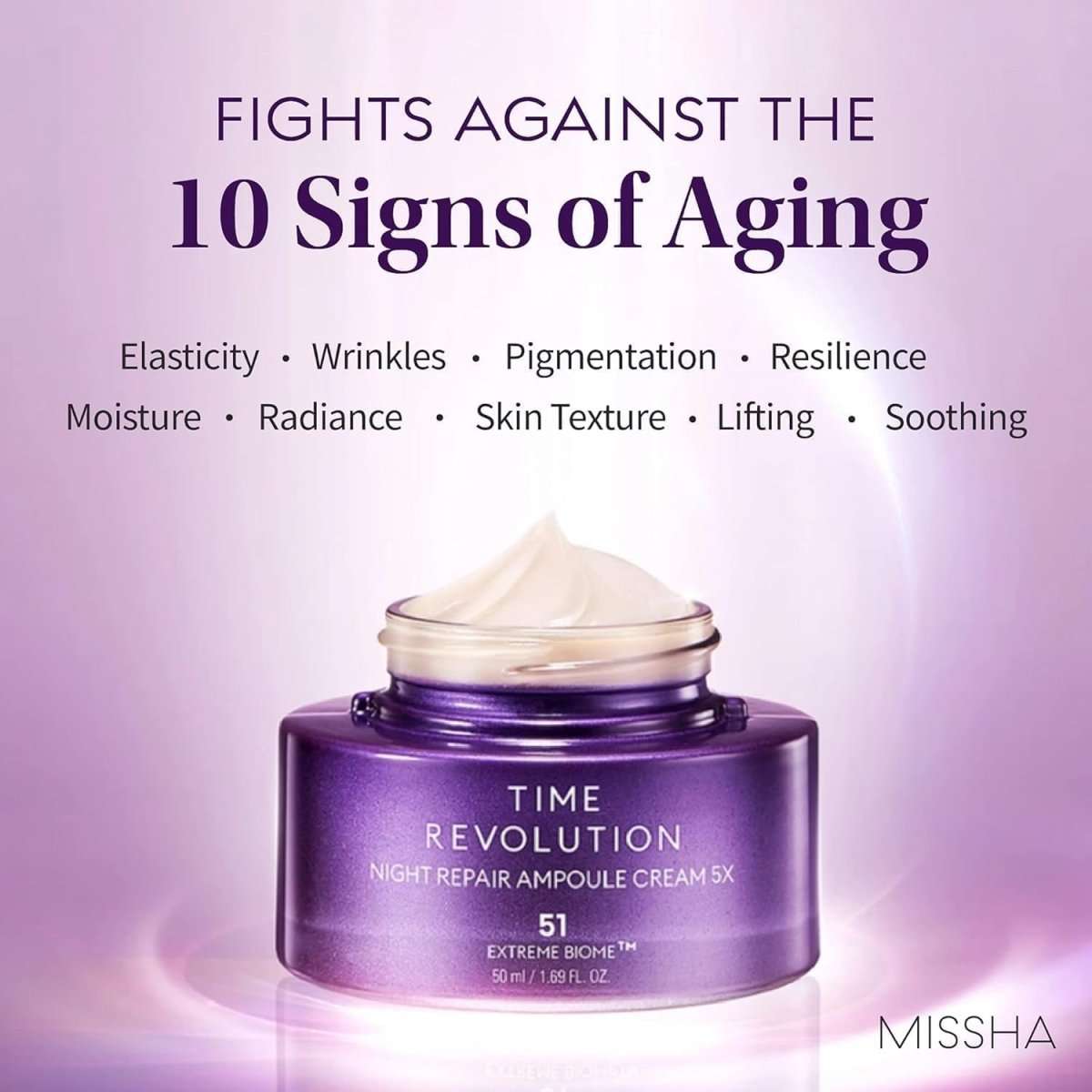 MISSHA Time Revolution Night Ampoule Cream 5X in a 50ml jar, featuring the K-beauty brand Lakinza with a sleek design and product label.