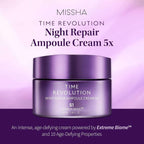 MISSHA Time Revolution Night Ampoule Cream 5X in a 50ml jar, featuring a sleek design, from Lakinza K-beauty.