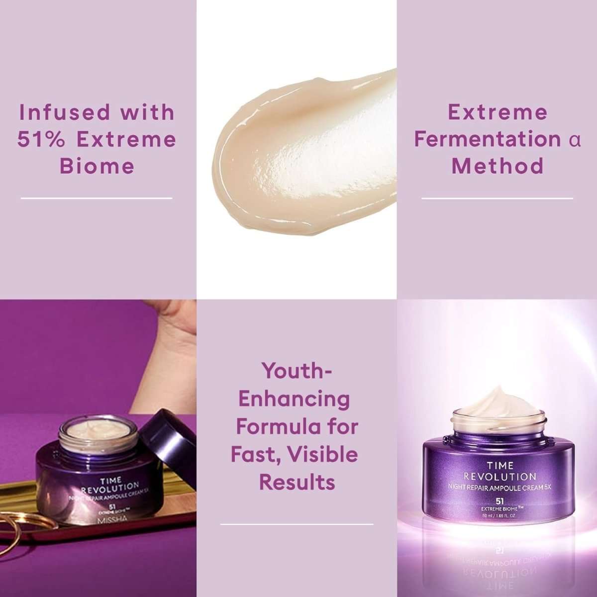 Missha Time Revolution Night Ampoule Cream 5X in a 50ml jar, featuring a smooth, creamy texture with a sleek packaging design.