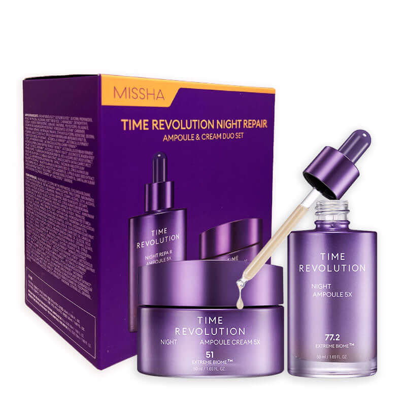 MISSHA Time Revolution Night Ampoule and Cream Duo set by Lakinza K-beauty, featuring skincare products for anti-aging.
