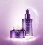 Missha Time Revolution Night Ampoule and Cream Duo set with luxurious skincare products for anti-aging, presented in a gift set.
