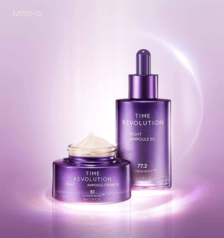 Missha Time Revolution Night Ampoule and Cream Duo set with luxurious skincare products for anti-aging, presented in a gift set.