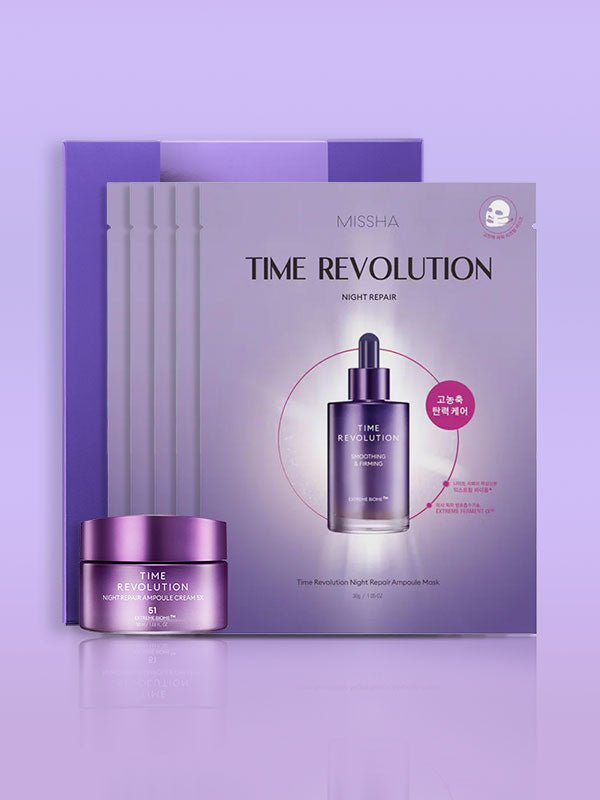 MISSHA Time Revolution Night Cream & Mask Set by Lakinza, Korean skincare gift set with cream and mask for revitalizing skin.