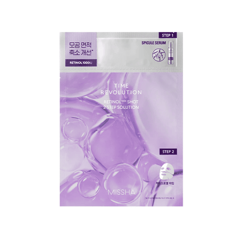 MISSHA Time Revolution Retinol 1000 Shot 2 Step Solution Mask from Lakinza K-beauty, showing the mask sheet and packaging.