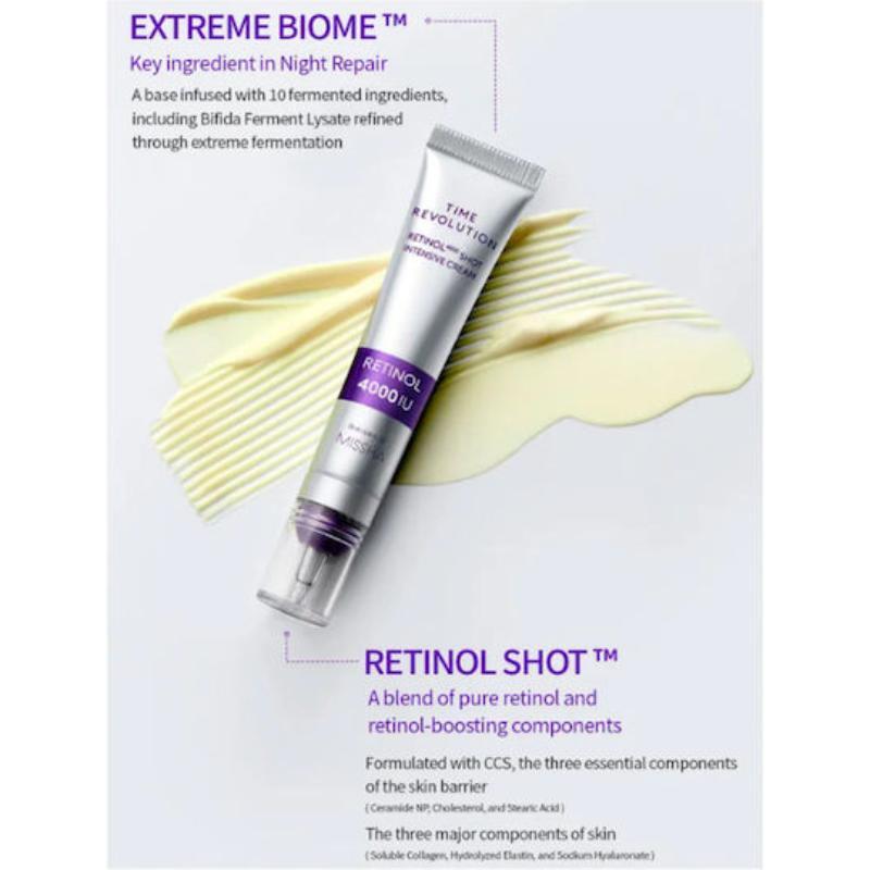 Missha Time Revolution Retinol 4000 Shot Intensive Cream in 25ml jar, featuring a sleek design and white packaging.