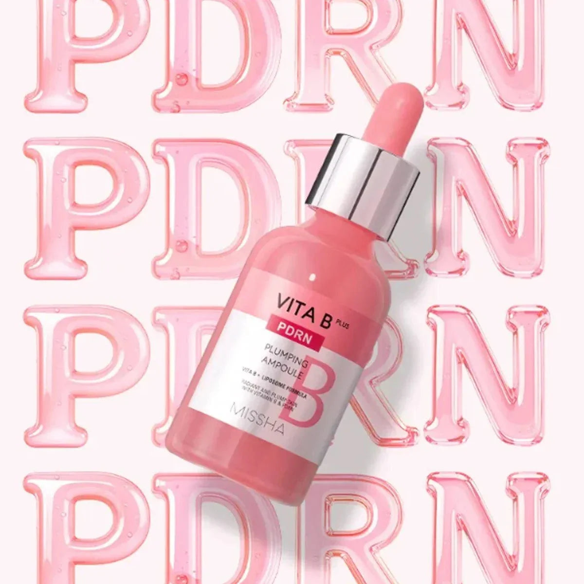 Missha Vita B Plus PDRN Plumping Ampoule 30ml from Lakinza K-beauty, featuring a clear glass bottle with a dropper applicator.