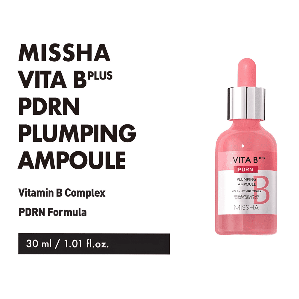 MISSHA Vita B Plus PDRN Plumping Ampoule 30ml from Lakinza K-beauty, showing the clear glass bottle with a pump dispenser.