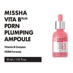 MISSHA Vita B Plus PDRN Plumping Ampoule 30ml from Lakinza K-beauty, showing the clear glass bottle with a pump dispenser.