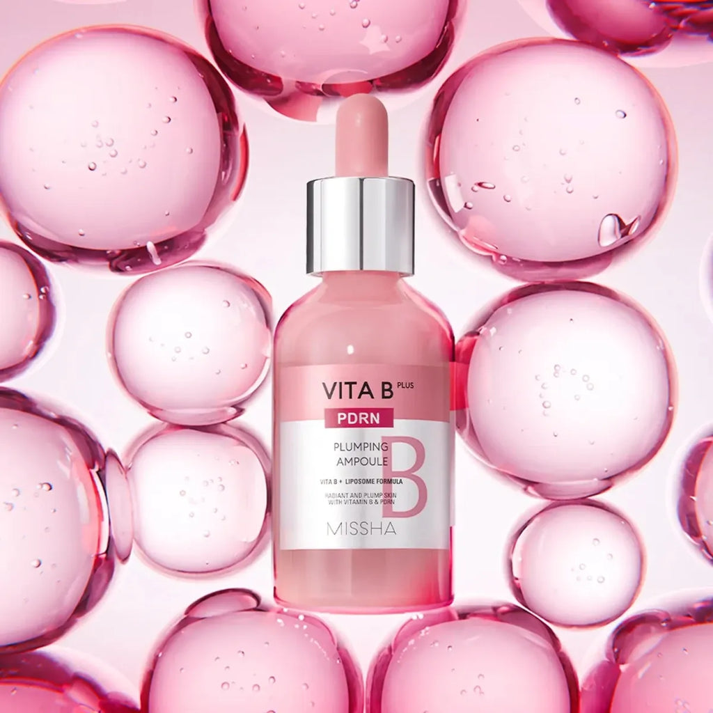 Missha Vita B Plus PDRN Plumping Ampoule in 30ml bottle, featuring a clear glass container with a white pump dispenser.