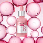 Missha Vita B Plus PDRN Plumping Ampoule in 30ml bottle, featuring a clear glass container with a white pump dispenser.