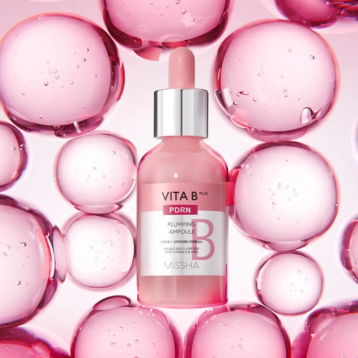 Missha Vita B Plus PDRN Plumping Ampoule in 30ml bottle, featuring a clear glass container with a white pump dispenser.