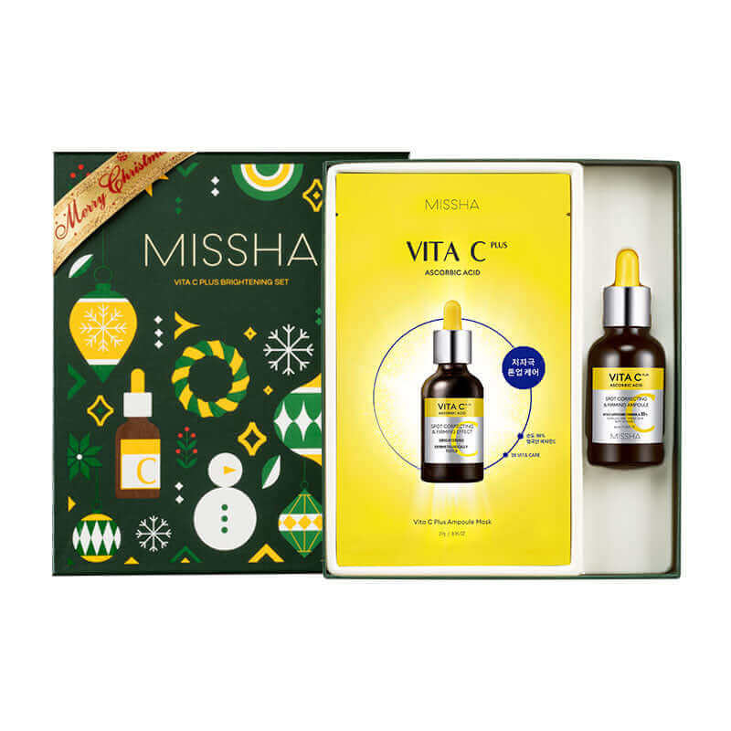MISSHA Vita C Holiday Brightening Gift Set by Lakinza, featuring skincare products with brightening vitamin C in festive packaging.