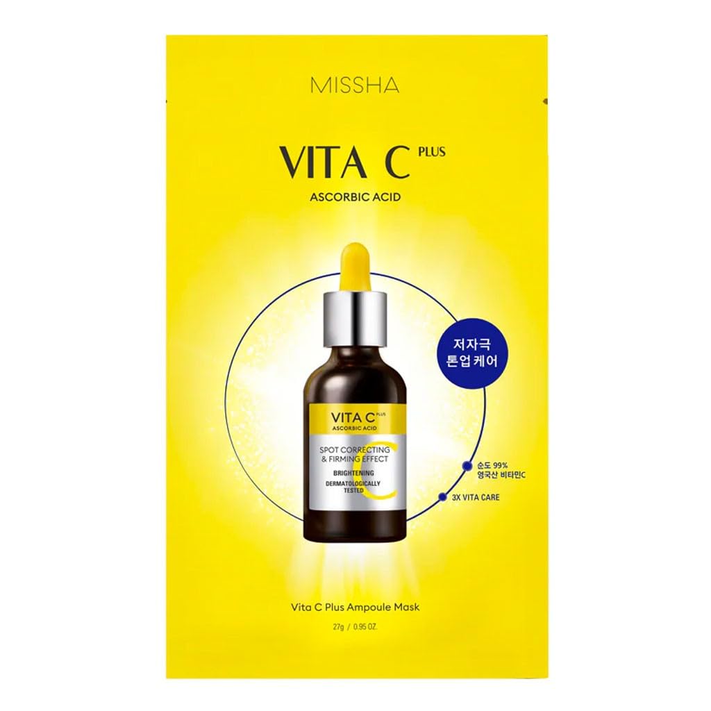 MISSHA Vita C Plus Ampoule Mask 25g, a brightening skincare mask by Lakinza K-beauty, shown on a clean white background.