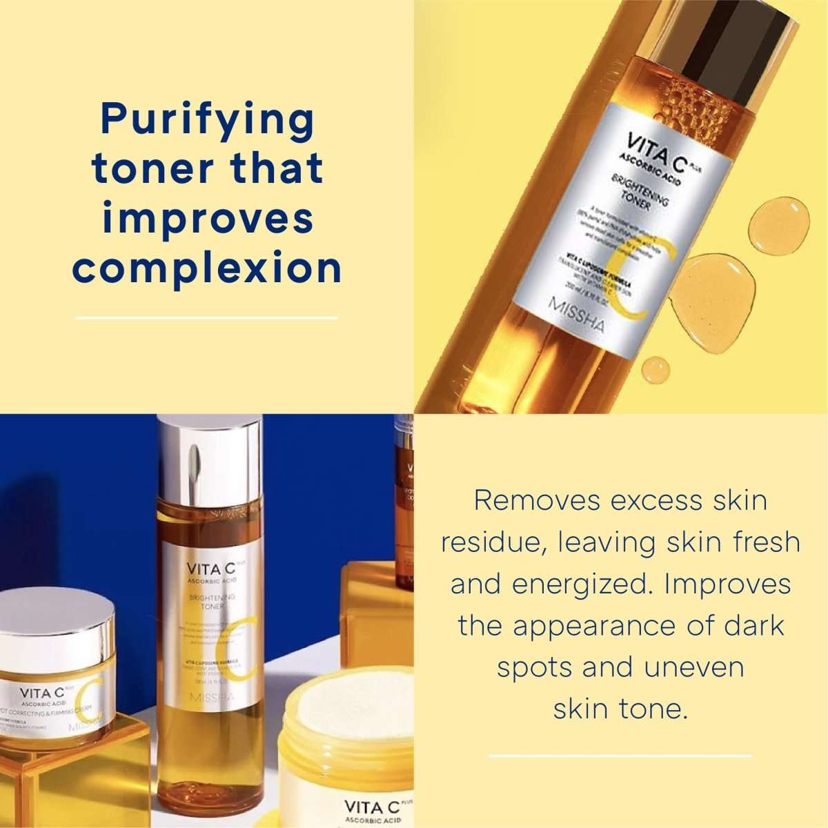 MISSHA Vita C Plus Brightening Toner 200ml in a clear bottle with a white label, part of Lakinza K-beauty skincare collection