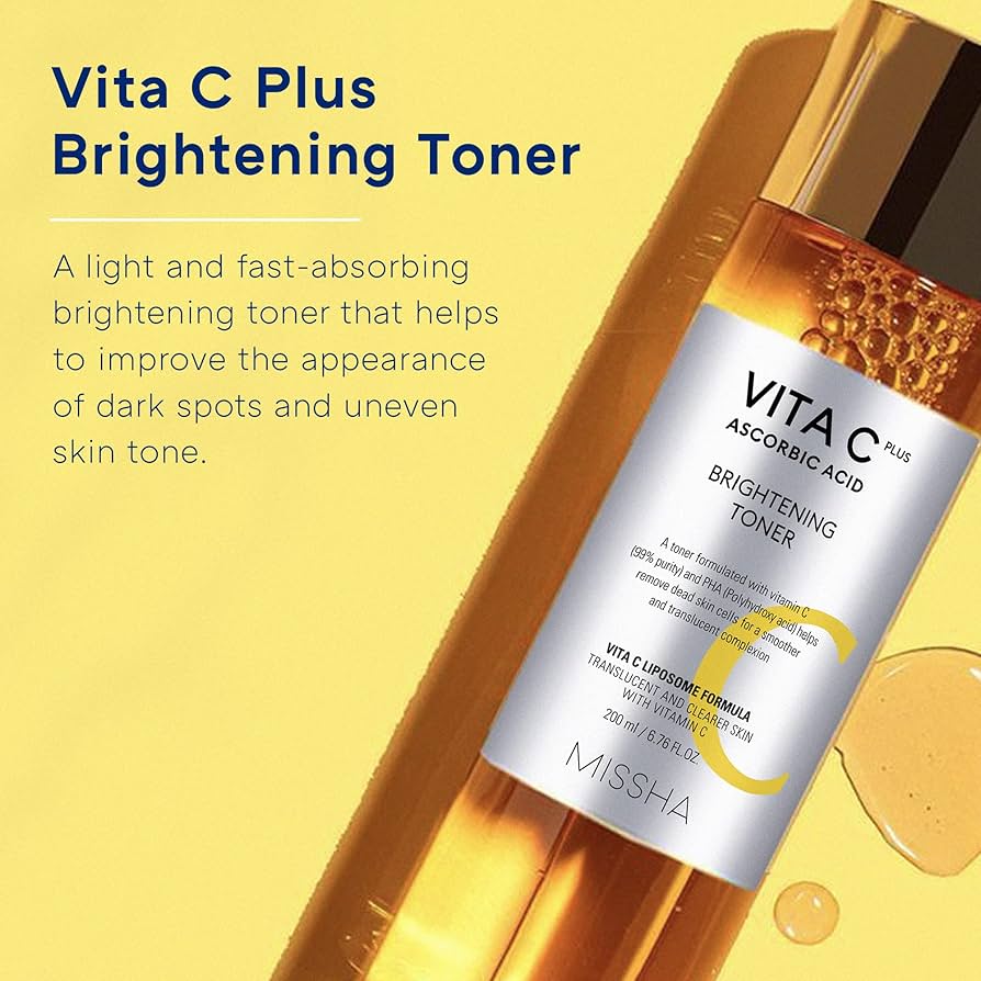 MISSHA Vita C Plus Brightening Toner 200ml bottle on a white background, part of Lakinza K-beauty skincare collection.