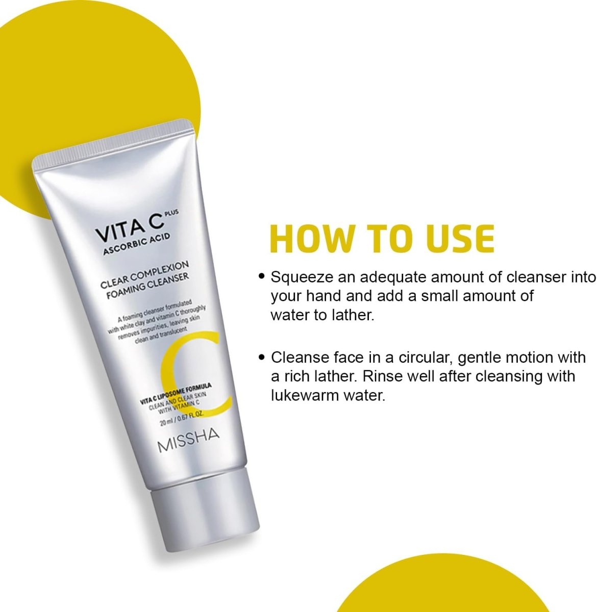 Missha Vita C Plus Clear Complexion Foaming Cleanser in 120ml bottle, featuring a white and orange packaging with a pump top.
