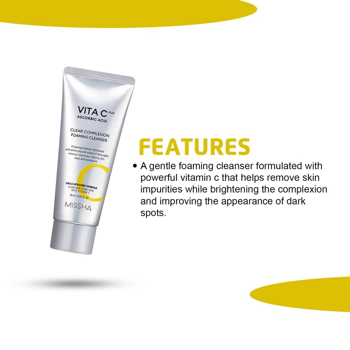 Missha Vita C Plus Clear Complexion Foaming Cleanser 120ml from Lakinza K-beauty, showing the white foaming cleanser bottle.