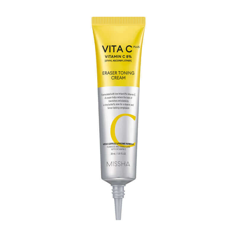 Missha Vita C Plus Eraser Toning Cream in 30ml jar, featuring brightening and skin tone evening benefits from Lakinza K-beauty