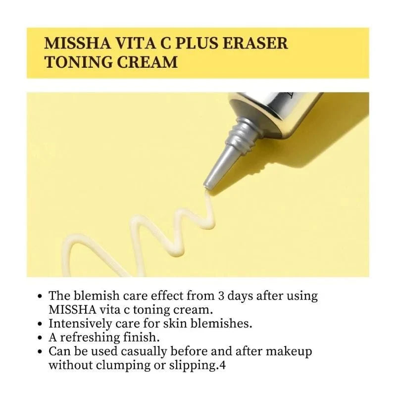 MISSHA Vita C Plus Eraser Toning Cream in 30ml jar, a brightening skincare cream by Lakinza K-beauty, displayed in a sleek container.
