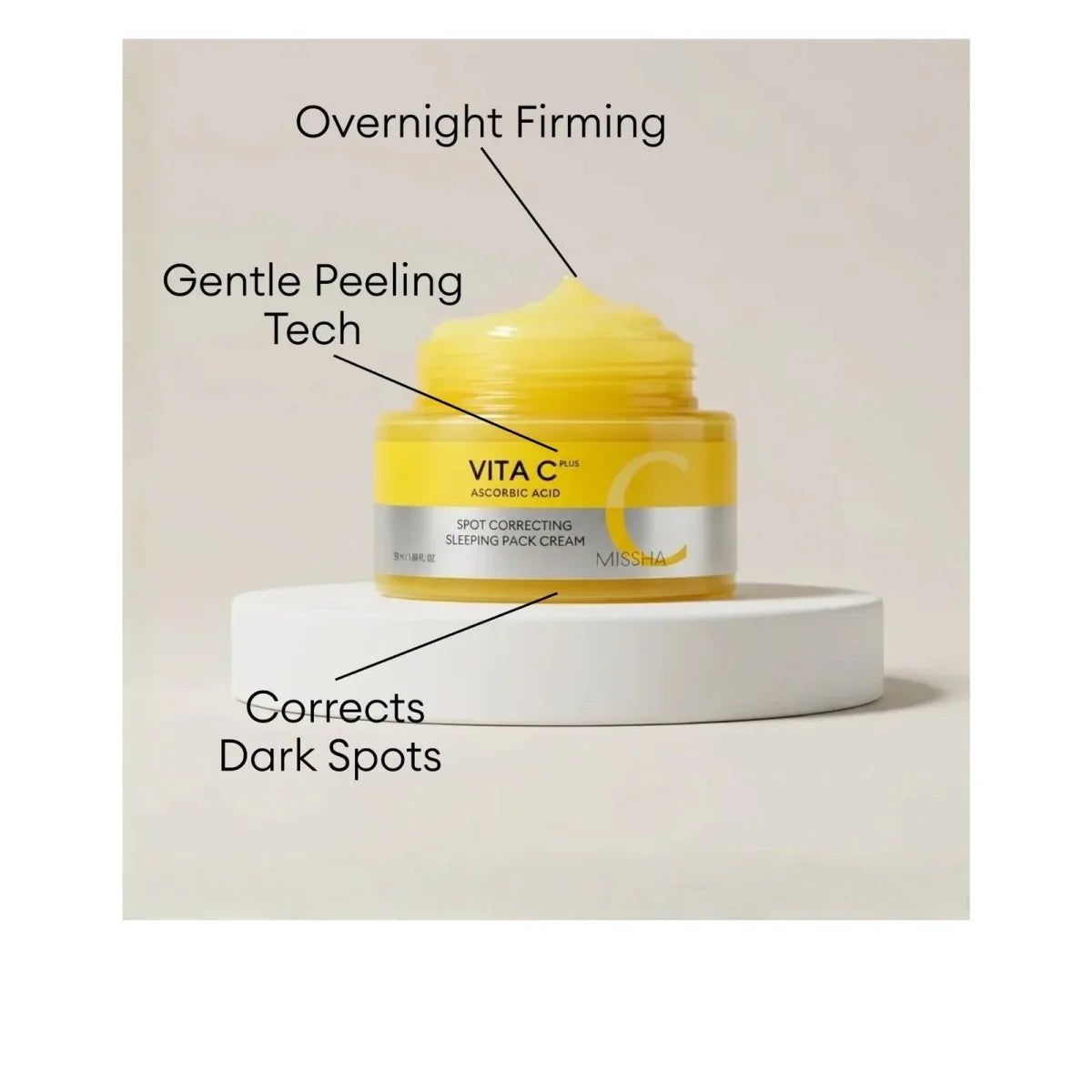 Missha Vita C Plus Sleeping Cream mask by Lakinza K-beauty, 50ml jar showing a smooth cream texture and vibrant packaging.