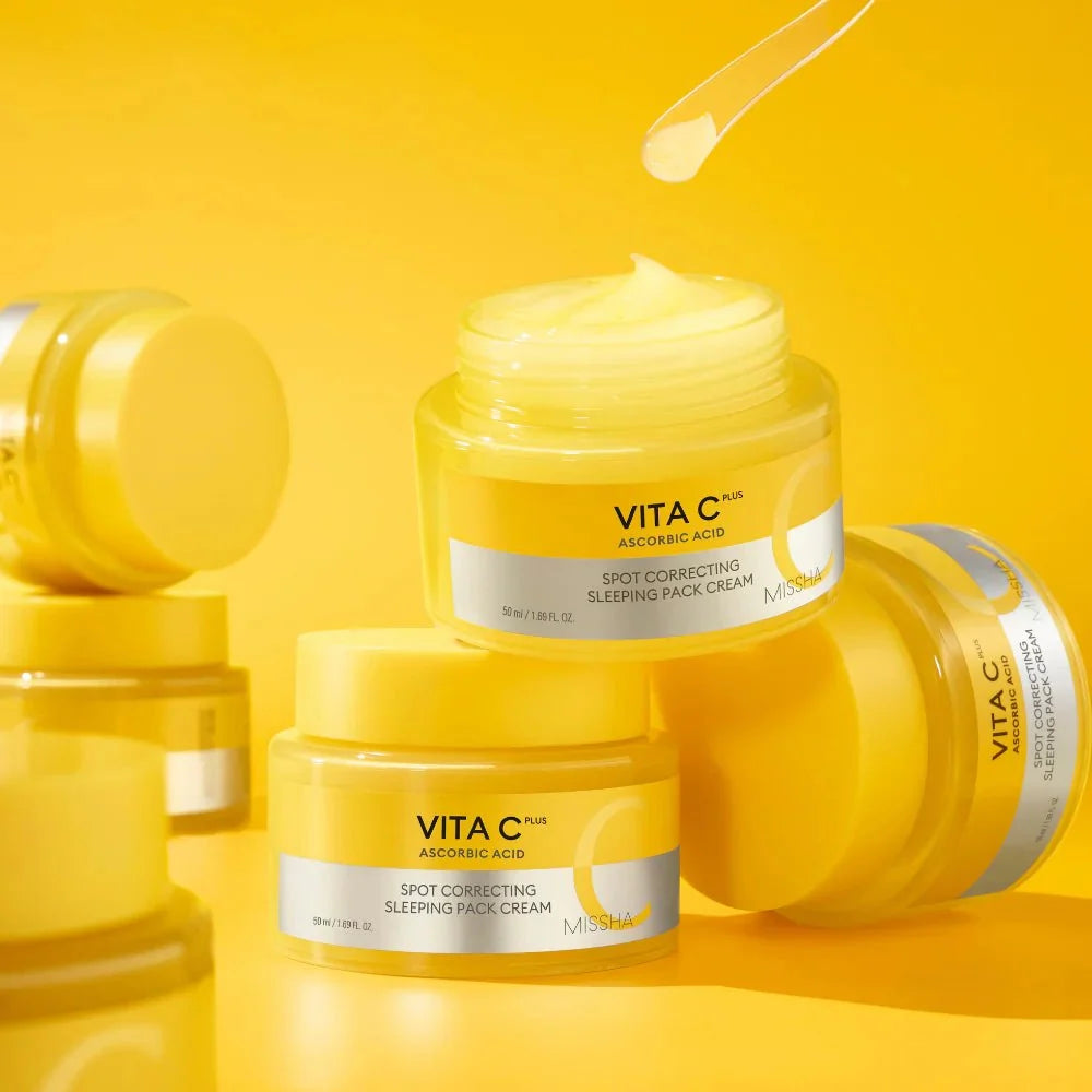 Missha Vita C Plus Sleeping Cream mask by Lakinza K-beauty, 50ml jar with bright orange lid and creamy texture.