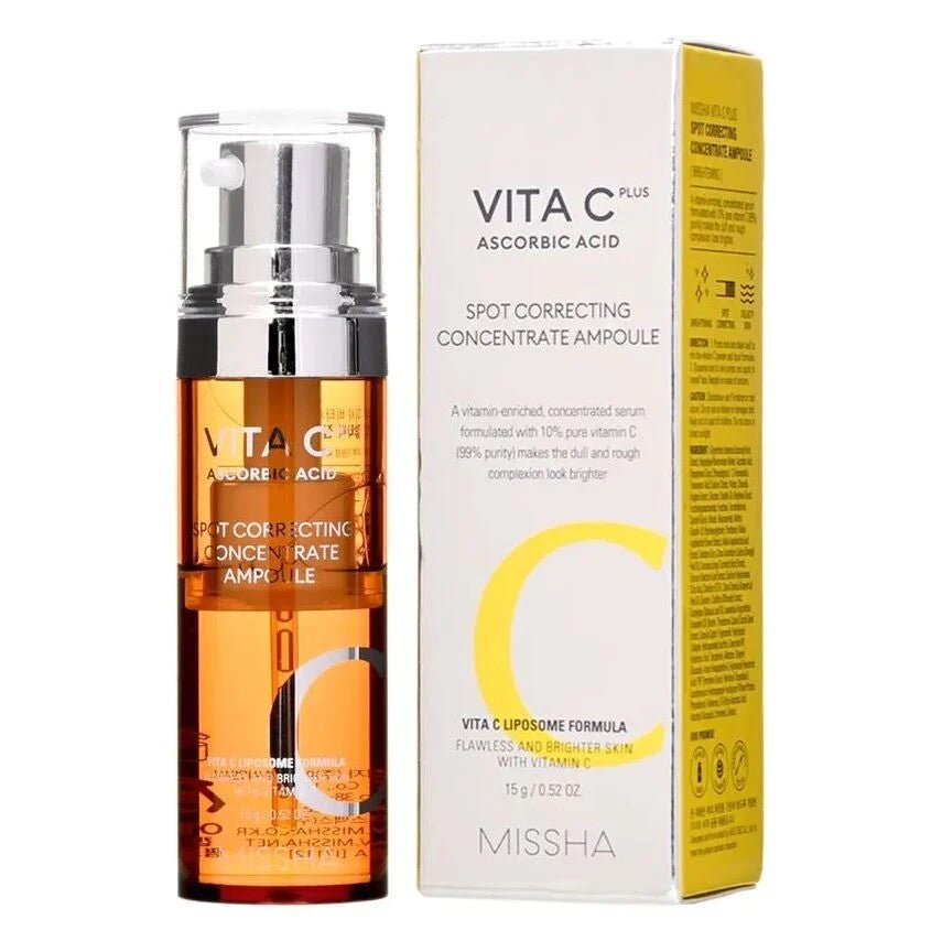 Missha Vita C Plus Spot Correcting Concentrate Ampoule 15g from Lakinza K-beauty, featuring a clear bottle with orange liquid.
