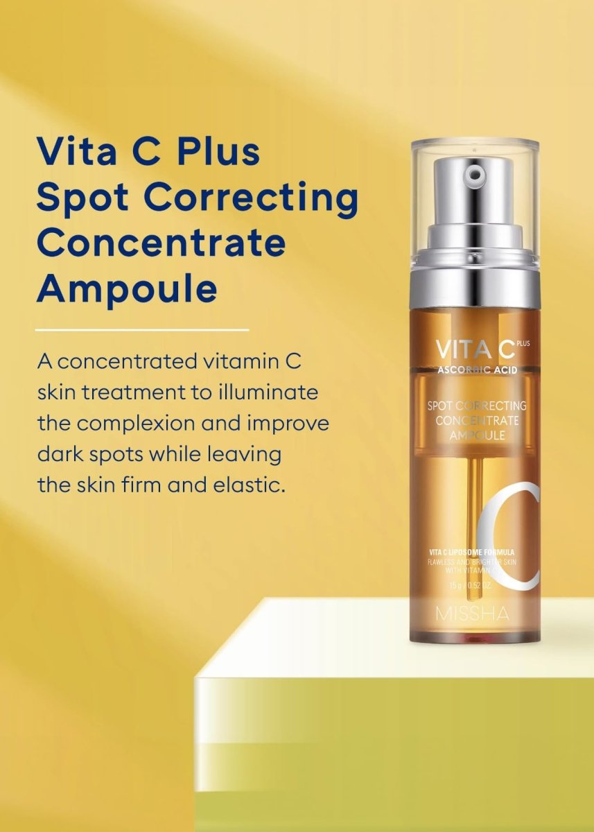 Missha Vita C Plus Spot Correcting Concentrate Ampoule 15g in a glass bottle, featuring a white and orange label, from Lakinza K-beauty.